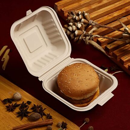 VIK® Disposable Clamshell Burger Box (Pack of 20), 15 cm x 15 cm, Hard Food Box, Brown, Biodegradable Takeaway bento Box Container with Attached Lid