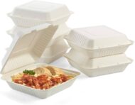 VIK 8 x 8 INCH CLAMSHELL , BAGASSE BIODEGRADABLE, WHITE BENTO BOX - Image 2