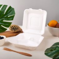 VIK 8 x 8 INCH 3 CP CLAMSHELL , BAGASSE BIODEGRADABLE, WHITE BENTO BOX - Image 3