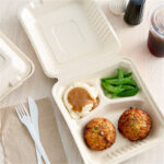 VIK 8 x 8 INCH 3 CP CLAMSHELL , BAGASSE BIODEGRADABLE, WHITE BENTO BOX