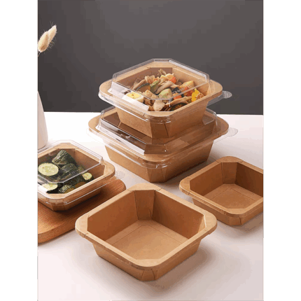 VIK 750 ML SQ KRAFT PAPER FOOD CONTAINER WITH LID COVER, BROWN SQUARE BIODEGRADABLE (PACK OF 500 PCS)