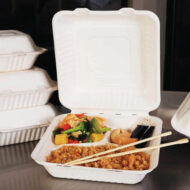 VIK 8 x 8 INCH 3 CP CLAMSHELL , BAGASSE BIODEGRADABLE, WHITE BENTO BOX - Image 2