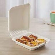 VIK 8 x 8 INCH CLAMSHELL , BAGASSE BIODEGRADABLE, WHITE BENTO BOX - Image 4
