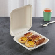 VIK 8 x 8 INCH CLAMSHELL , BAGASSE BIODEGRADABLE, WHITE BENTO BOX - Image 5
